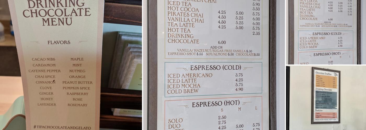 Tifa Chocolate and Gelato Menu