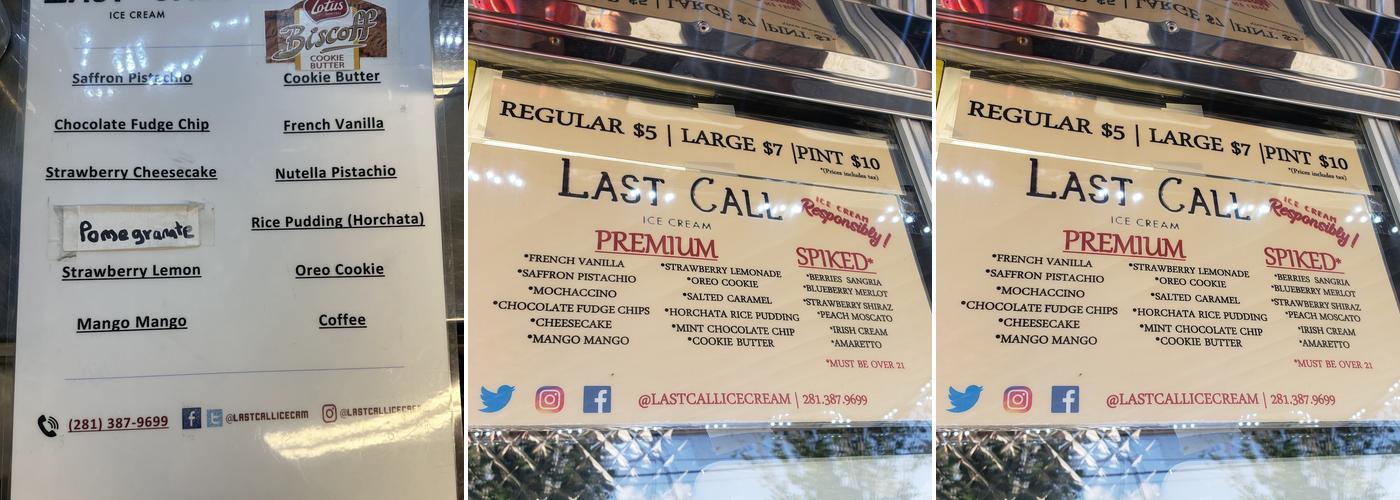 Last Call Ice Cream Menu