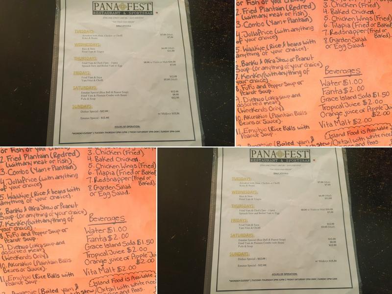 Panafest Bar & Grill Menu