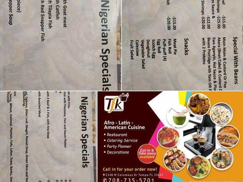 Tfk African food. Menu