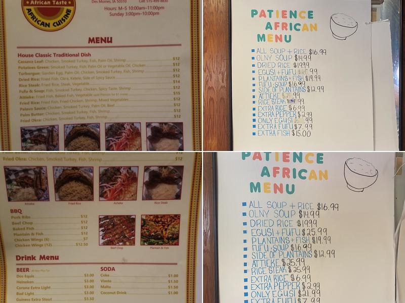Patience's African Cuisine Menu
