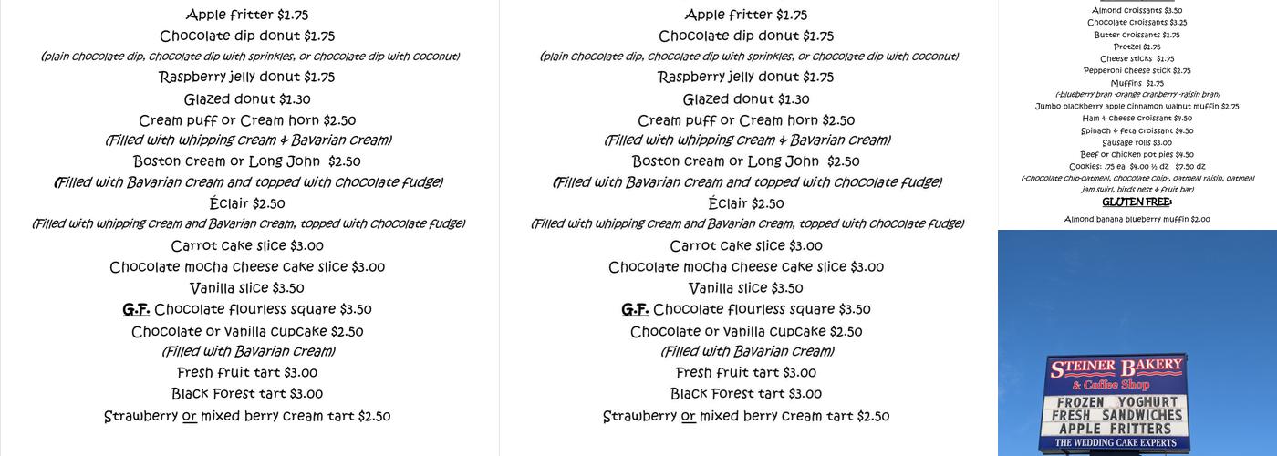 Steiner Bakery Menu