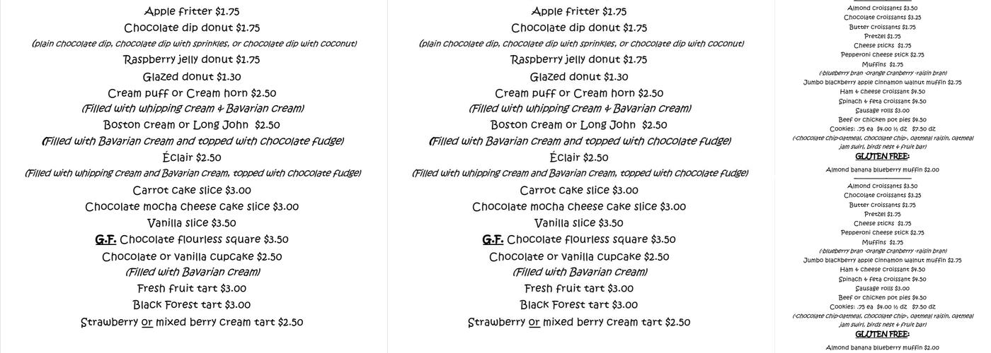 Steiner Bakery Menu