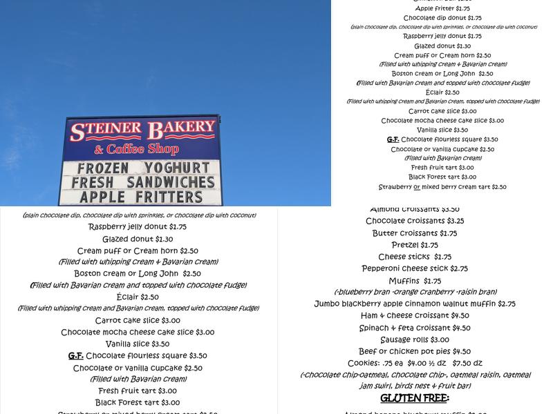 Steiner Bakery Menu