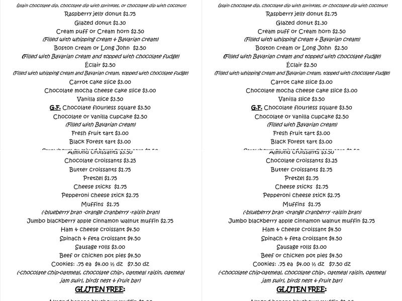 Steiner Bakery Menu