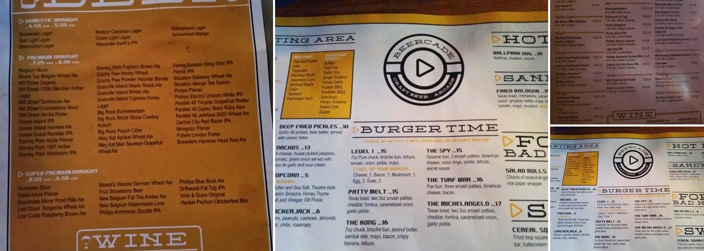 Beercade Menu