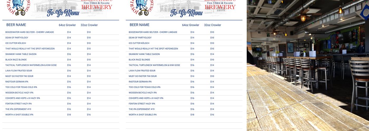Joyride Brewing Company Menu