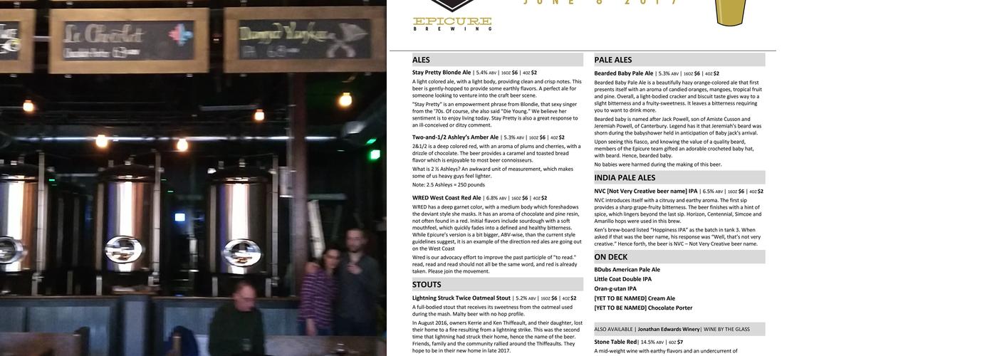 Epicure Brewing Menu