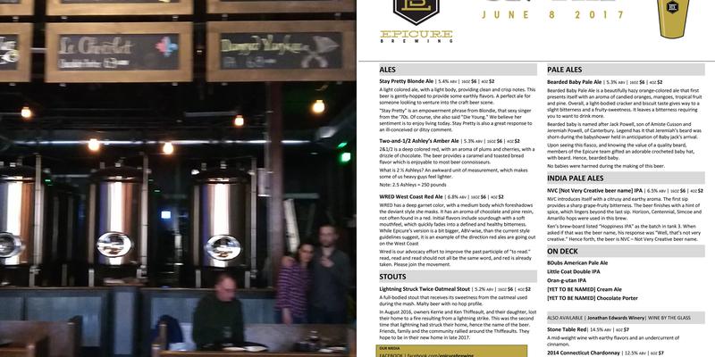 Epicure Brewing Menu