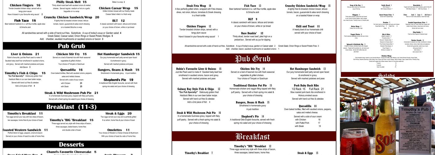 Timothy's Pub Menu