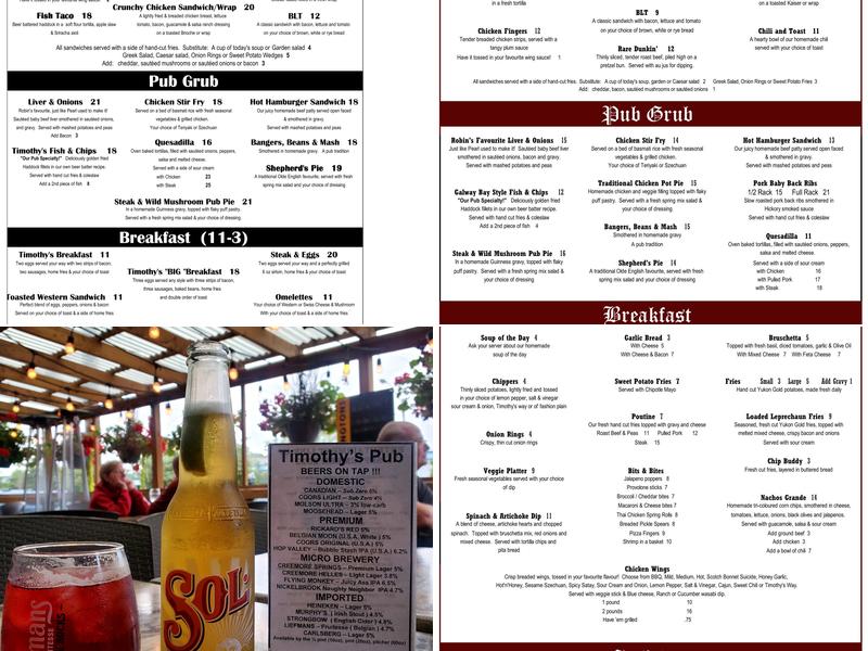 Timothy's Pub Menu