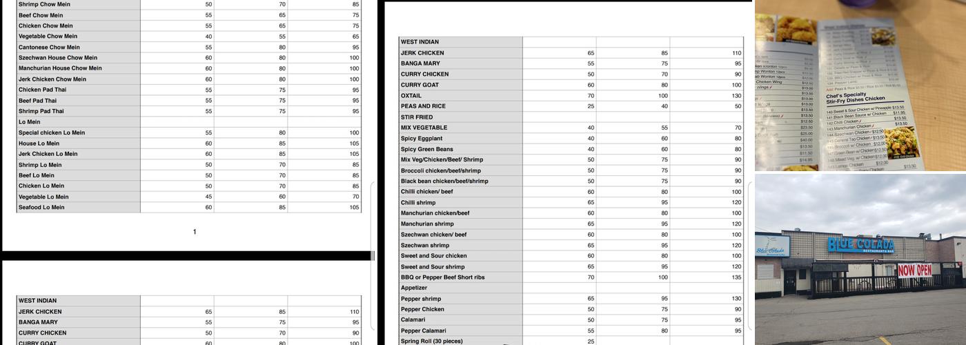 Blue Colada Restaurant and Bar Menu