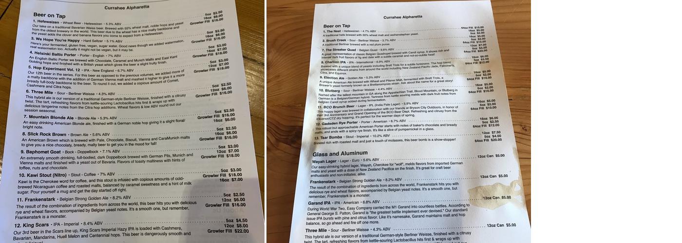 Currahee Brewing Company Menu