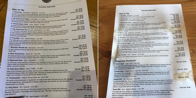 Currahee Brewing Company Menu