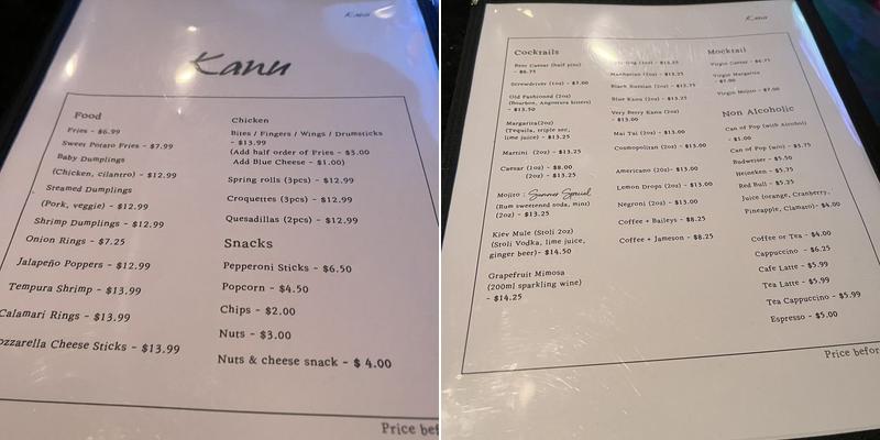 Kanu Bar & Grill Menu