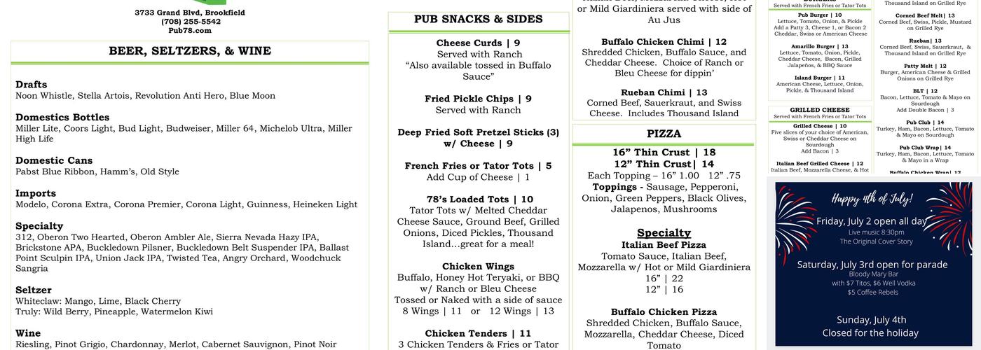 Pub 78 Menu