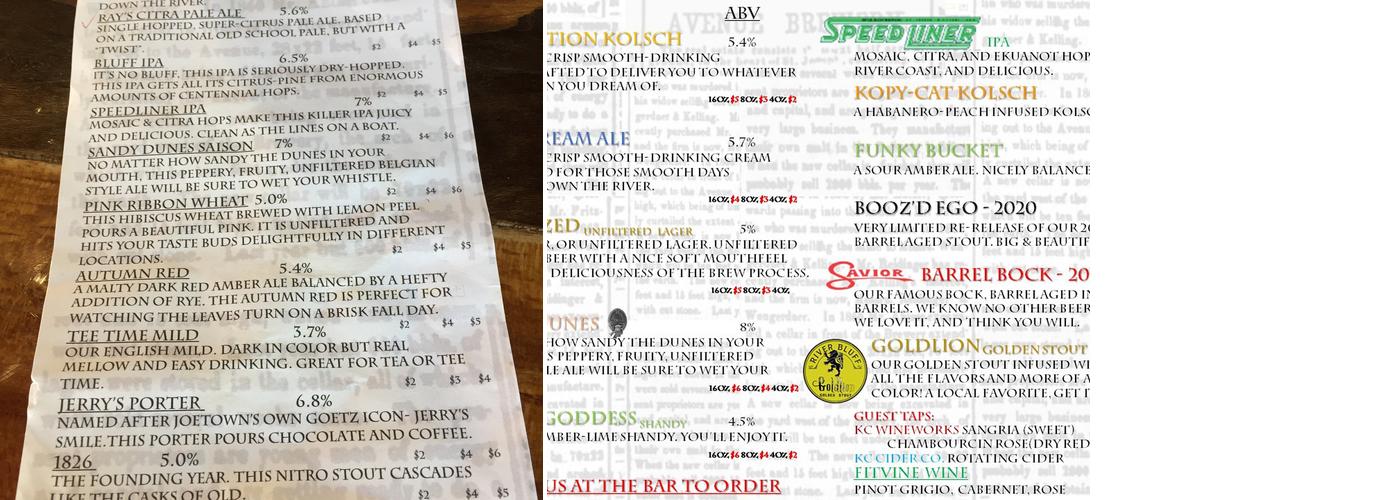 River Bluff Brewing Menu