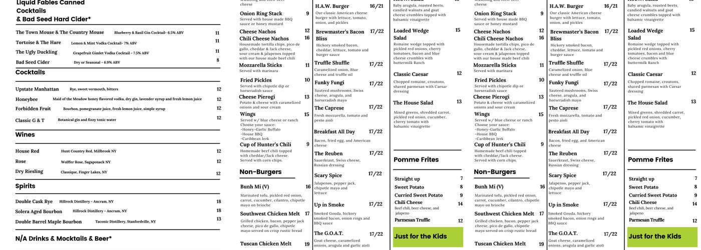 Hudson Ale Works Menu