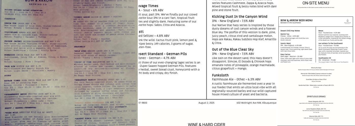 Bow & Arrow Brewing Co. Menu