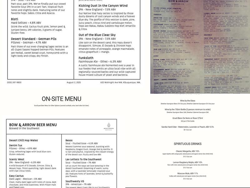 Bow & Arrow Brewing Co. Menu