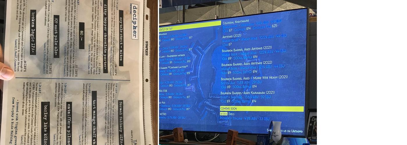 Decipher Brewing Menu