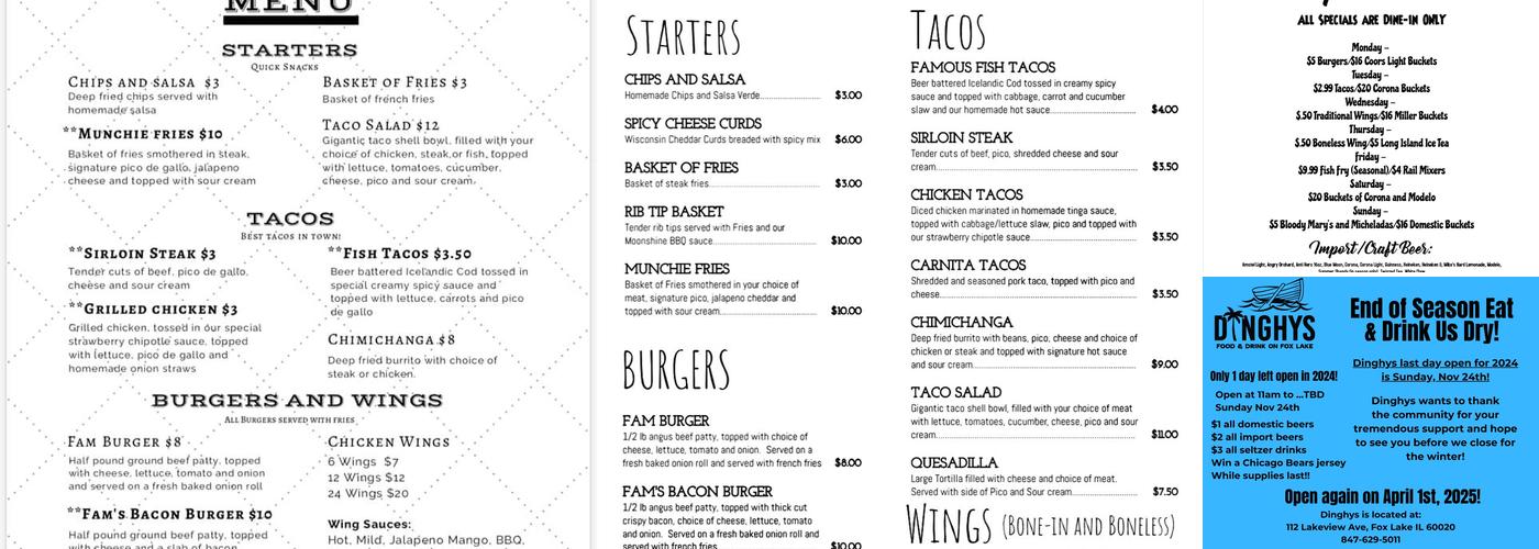 Dinghys Menu
