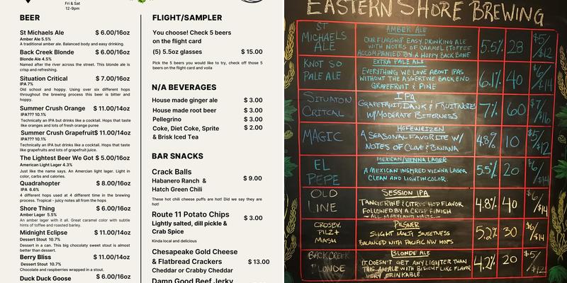 Eastern Shore Brewing Menu