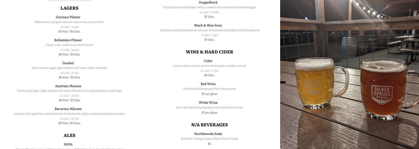 Silver Spruce Brewing Company Menu