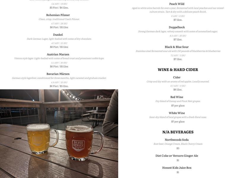 Silver Spruce Brewing Company Menu
