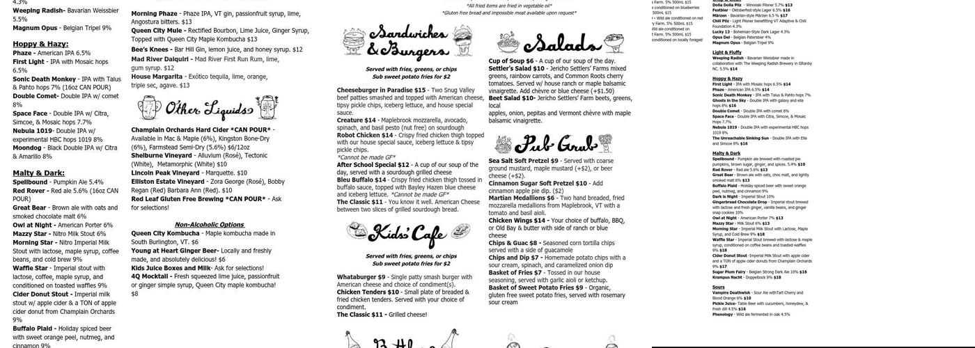 Four Quarters Brewing Menu