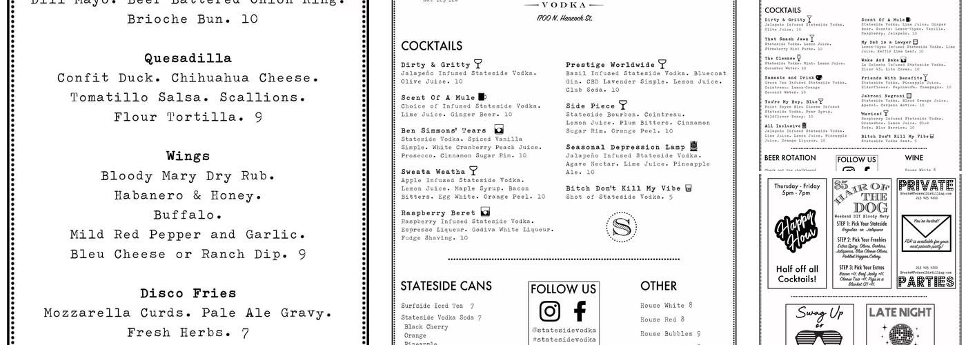 Stateside Vodka Menu