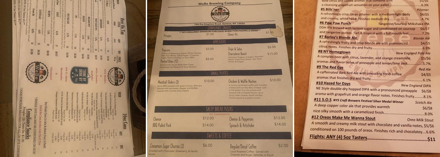 WeBe Brewing Company Menu