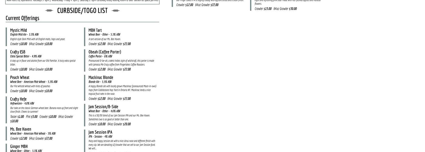 Crafty Ales & Lagers Menu