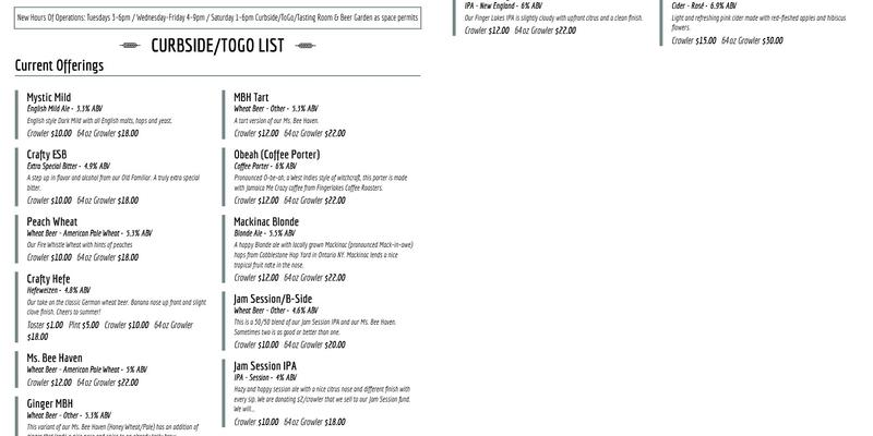 Crafty Ales & Lagers Menu