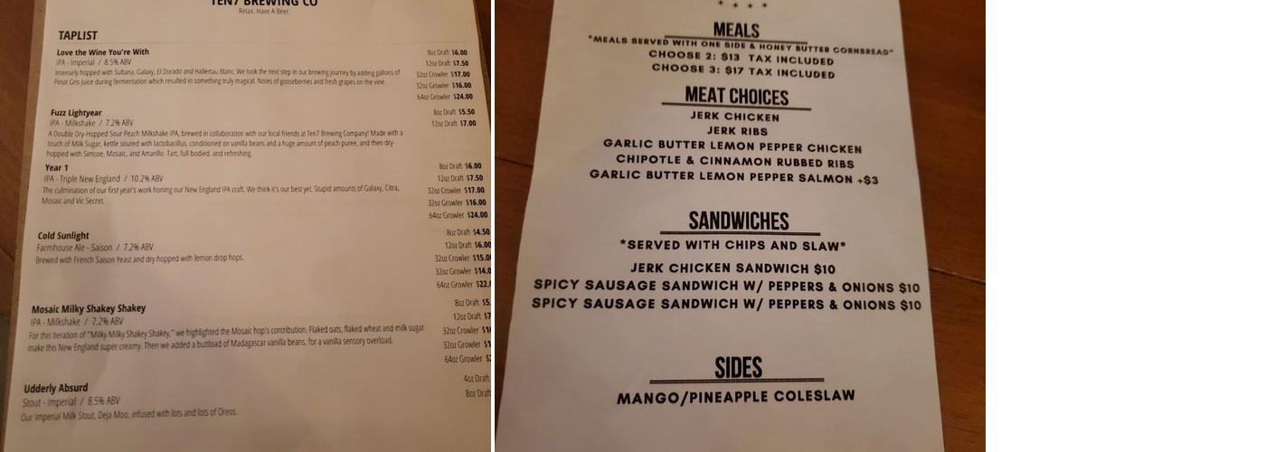 Ten7 Brewing Company Menu