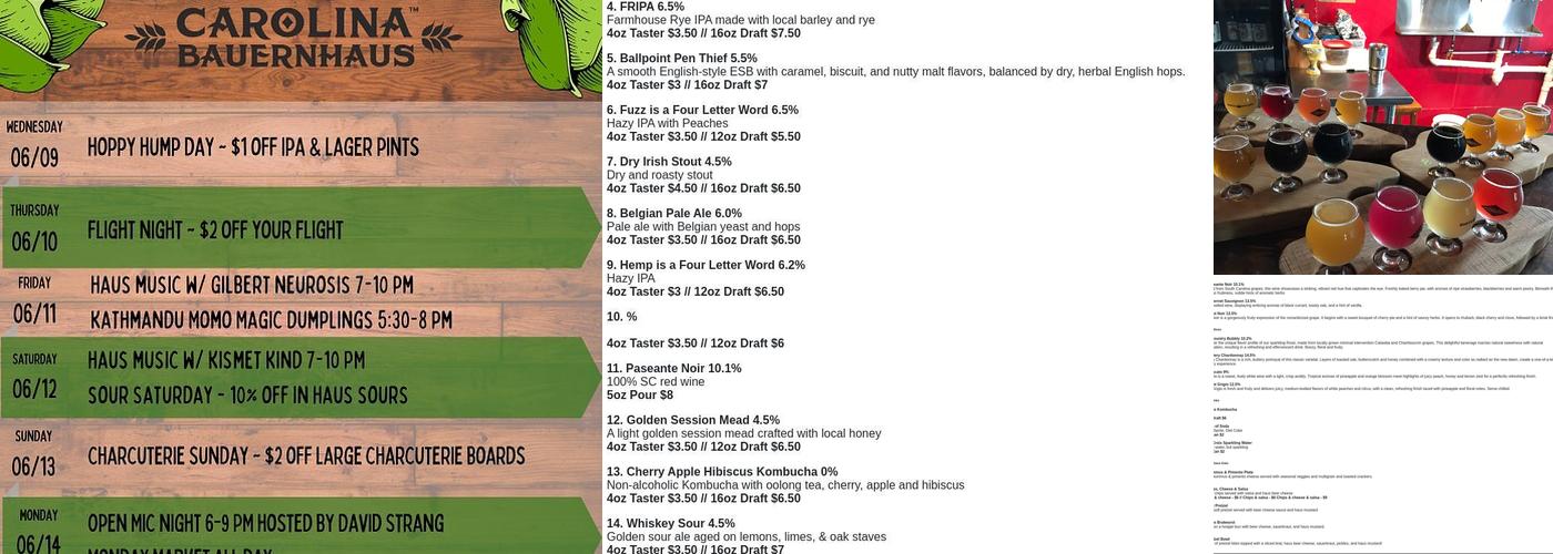 Carolina Bauernhaus Brewery & Winery Menu