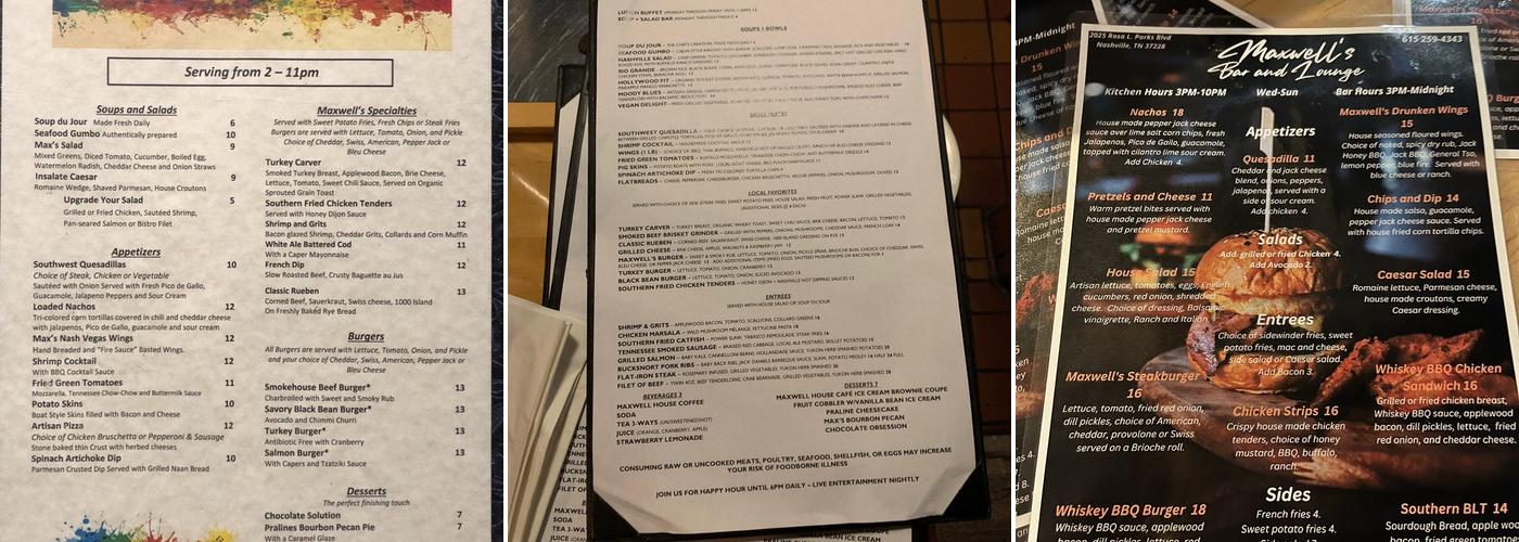 Maxwell's Lounge Menu