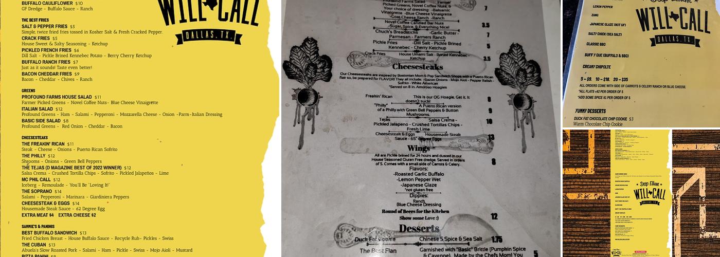 Will Call Bar Menu