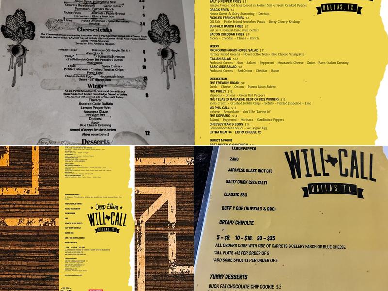 Will Call Bar Menu