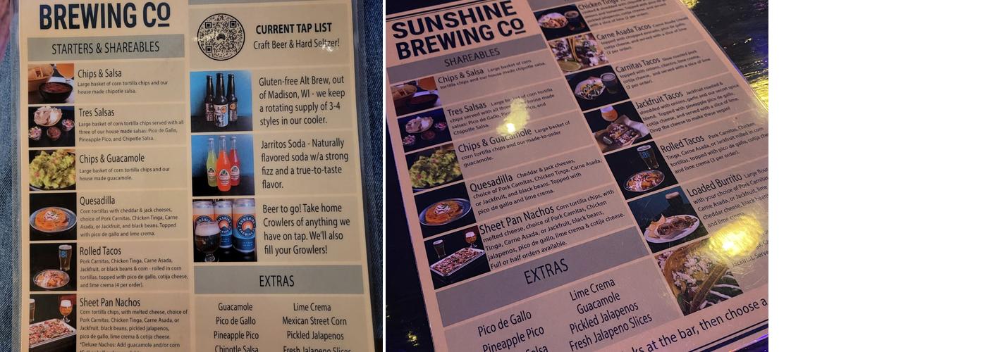 Sunshine Brewing Company Menu