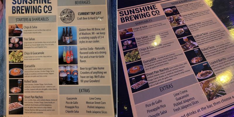 Sunshine Brewing Company Menu