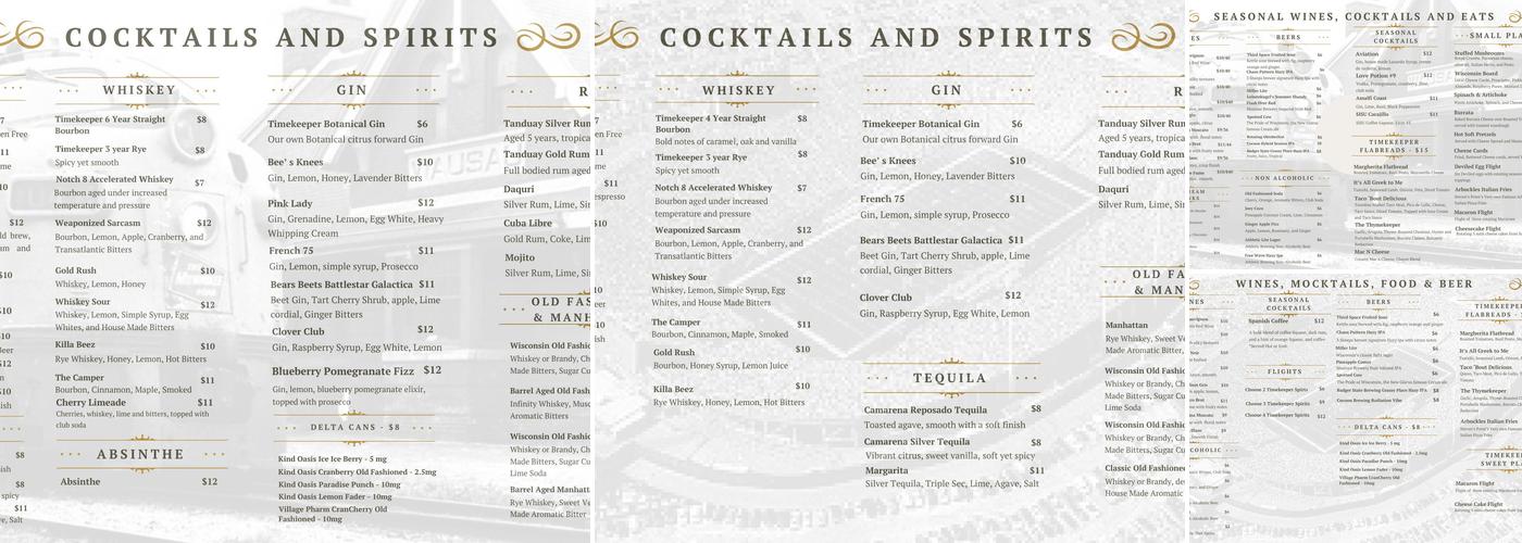Timekeeper Distillery Menu