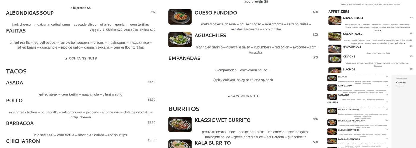 Kalaveras Menu