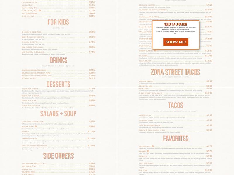 Zona Fresca Menu