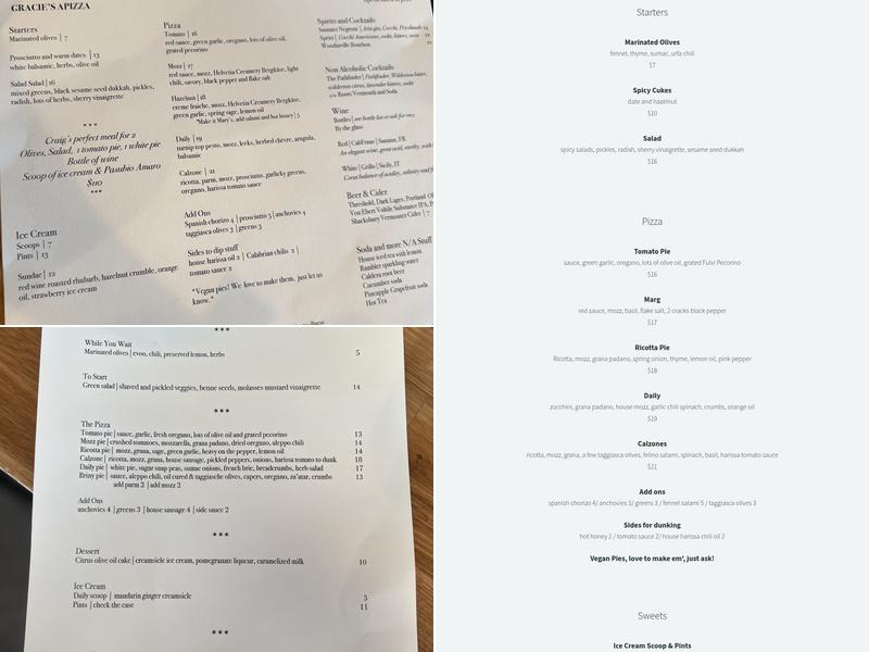 Gracie’s Apizza Menu