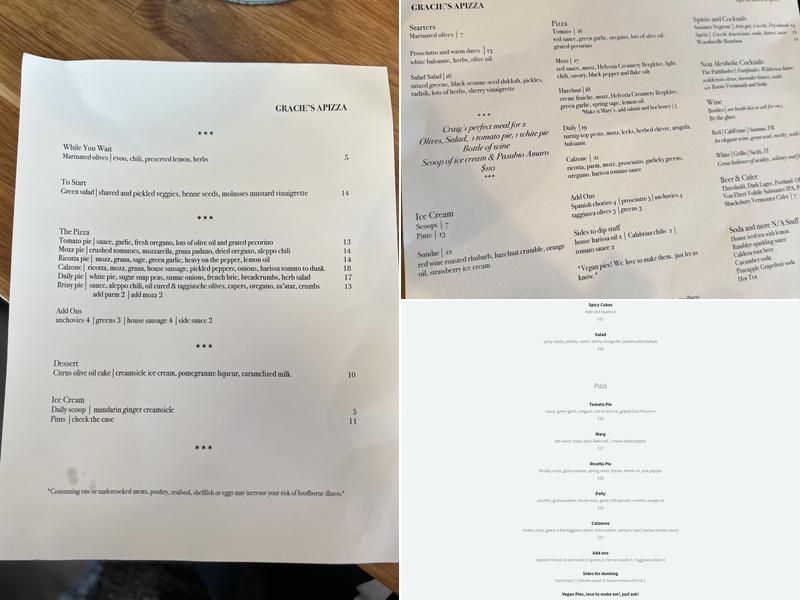 Gracie’s Apizza Menu