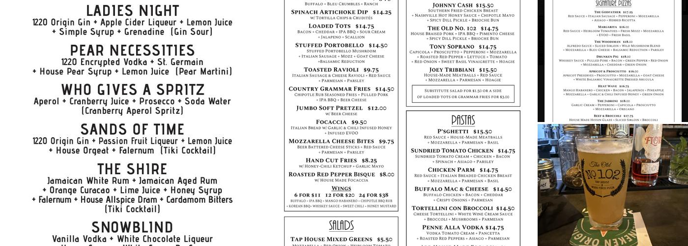 The Old no. 102 Tap House Menu