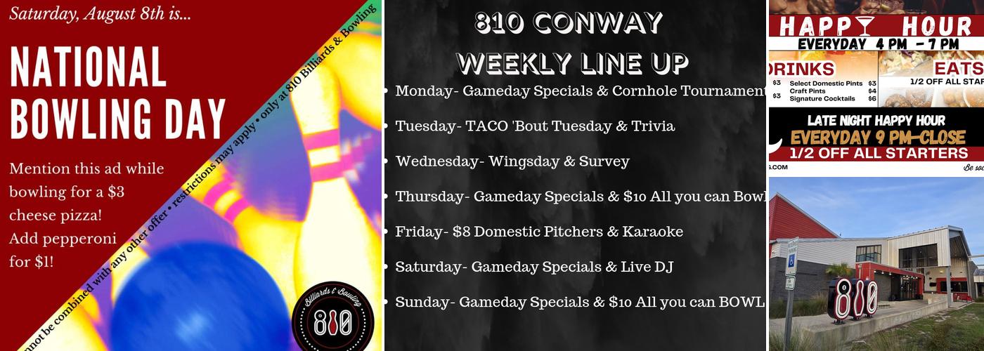 810 Billiards & Bowling - Conway Menu
