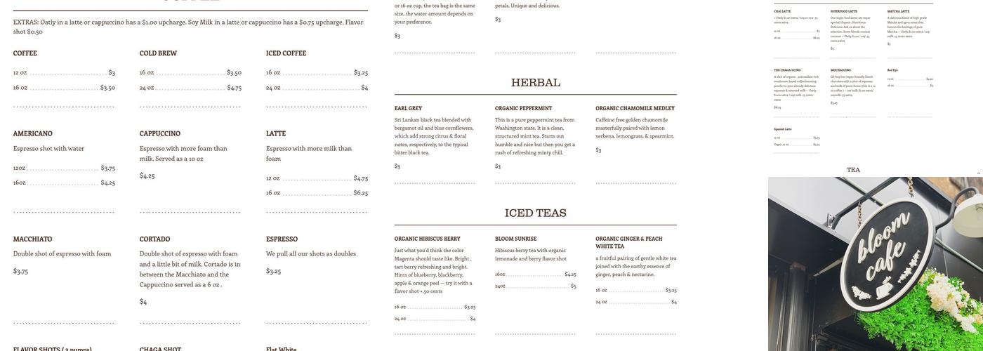 Bloom Cafe Menu