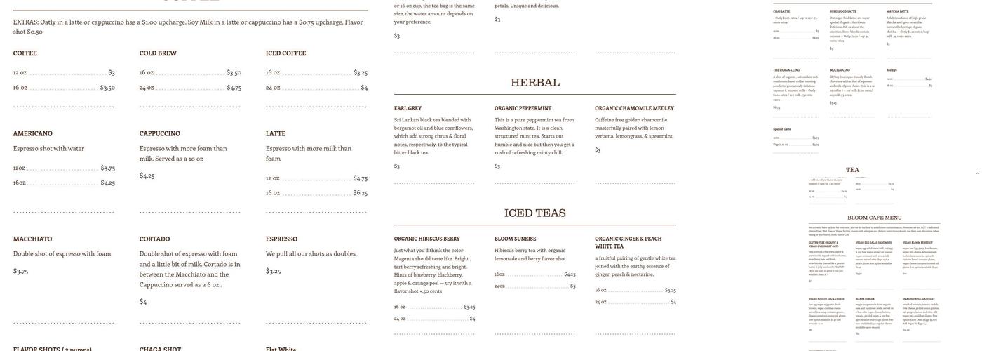 Bloom Cafe Menu